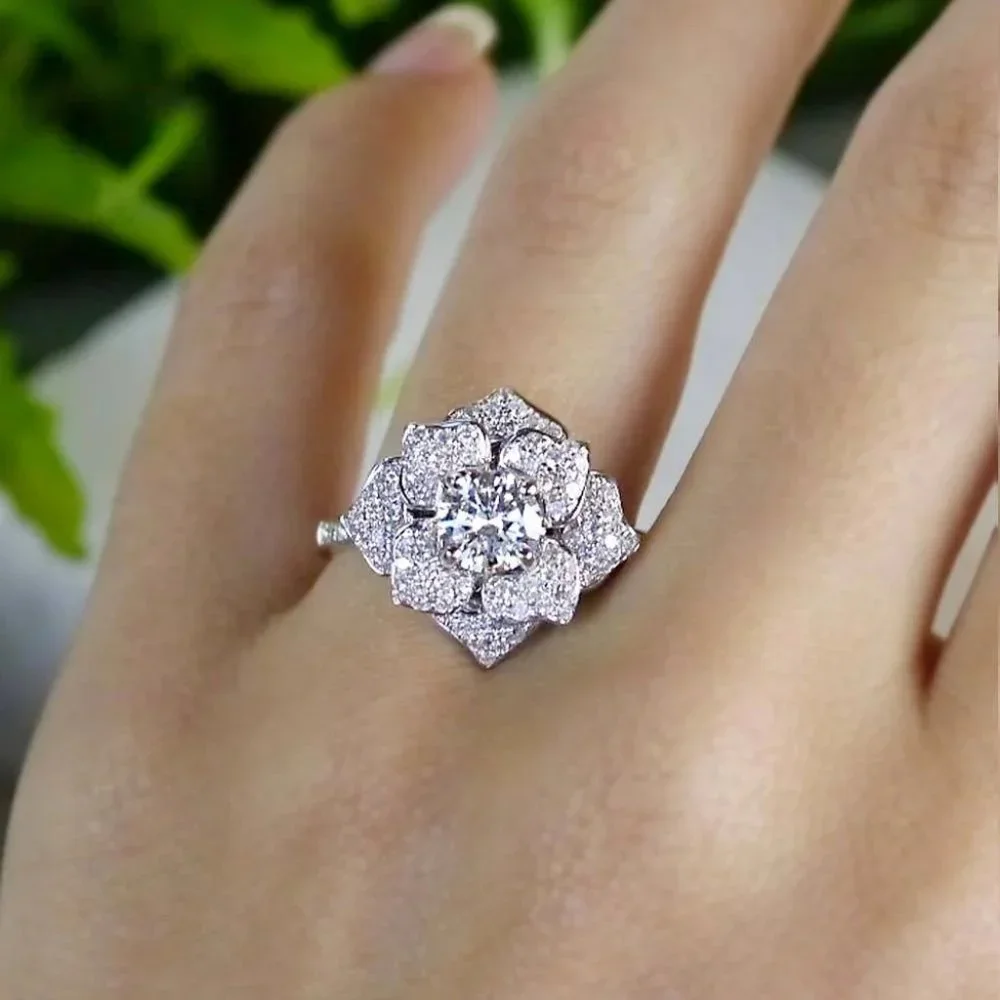 🔥Beautiful Shiny CZ Diamond Large Flower Anillos Dainty CarvedUNVN12146